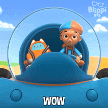 a cartoon character driving a car with the word wow written on the bottom
