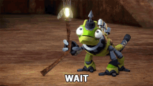 a cartoon character holding a torch and the word wait below him