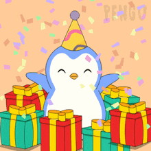 a penguin wearing a party hat is surrounded by gifts and confetti