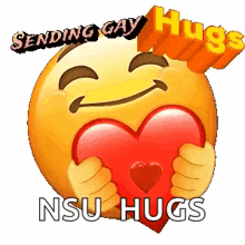 a smiley face is holding a red heart with the words `` sending gay hugs '' written above it .