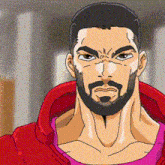 a man with a beard and mustache is wearing a red hoodie