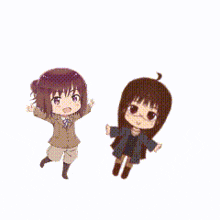 a couple of anime girls are dancing together on a white background