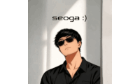 a man wearing sunglasses and a black shirt is standing in front of a wall with the words seoga written on it .
