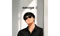 a man wearing sunglasses and a black shirt is standing in front of a wall with the words seoga written on it .