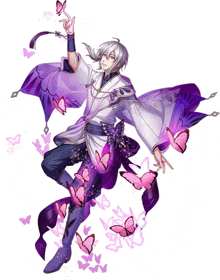 a man in a white and purple outfit is surrounded by butterflies