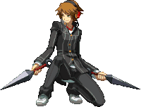 a pixel art drawing of a person kneeling down holding two knives