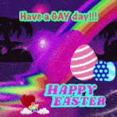 a happy easter greeting card with a rainbow heart and eggs