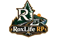 a logo for roxlife rp with trees and mountains