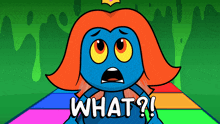 a cartoon character with red hair says what on a colorful background