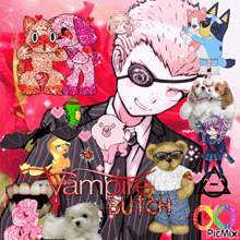 a picture of a vampire butch with a bunch of stuffed animals around him