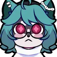 a cartoon cat with blue hair and pink eyes