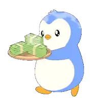 a penguin is holding a tray with a stack of money on it