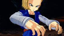a cartoon character with blonde hair and blue eyes is standing in a dark room
