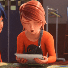 a cartoon girl with red hair is holding a tablet