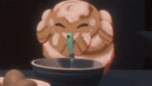 a cartoon character is holding a green spoon in a bowl of food .
