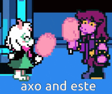 a pixel art of a girl holding a pink cotton candy and a boy holding a cotton candy .