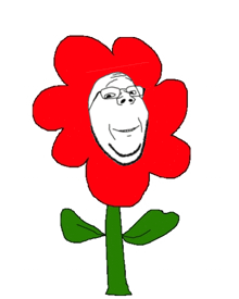 a cartoon drawing of a red flower with a man 's face on it