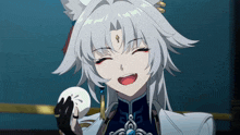 a girl with white hair and a cat ear holds a white ball in her hand