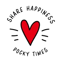 share happiness pocky times logo with a red heart