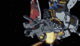 a robot is flying through the air with a rocket launcher attached to it .