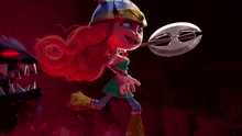 a cartoon character with red hair and a helmet holding an axe