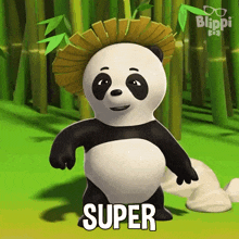 a panda bear wearing a straw hat is standing in a bamboo forest .