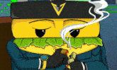 a cartoon drawing of a hamburger smoking a cigar and wearing a watch