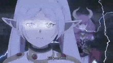 a girl with purple hair and horns is standing in front of a lightning bolt and says `` kill yourself '' .