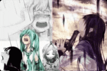 a group of anime girls are standing next to each other holding guns .