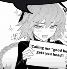 a girl holding a sign that says calling me " good boy gets you head "