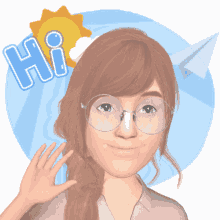 a cartoon girl with glasses and the word hi above her head