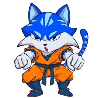 a cartoon drawing of a blue and white cat dressed as goku