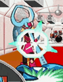 a cartoon character is holding a steering wheel in a video game