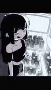 a black and white cartoon of a girl standing in front of a fridge filled with monster energy drinks .