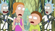 rick and morty are standing next to each other with guns