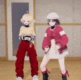 two anime girls are standing next to each other on a wood floor