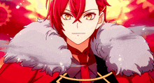 a red haired anime character with a fur collar and tie