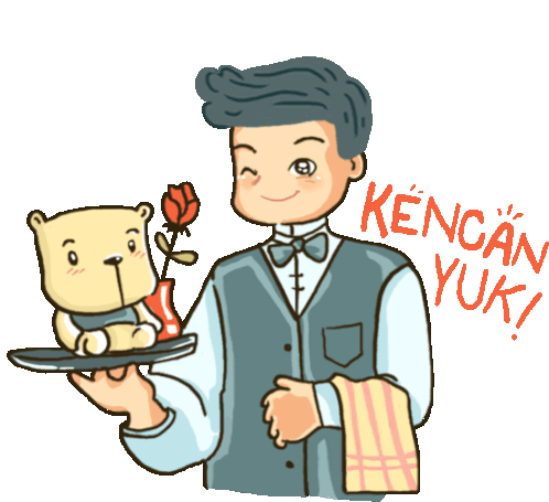 Waiter Bringing Gifts Says Kencan Yuk In Indonesian Sticker - Wink Rose Teddy Bear Stickers