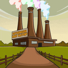a cartoon drawing of a doyoumoose baby factory with smoke coming out of the chimneys