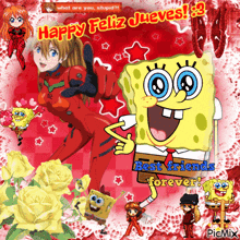 a picture of spongebob giving a thumbs up with the words happy feliz jueves
