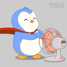 a penguin with a scarf around its neck is standing next to a fan and the word pengu is on the bottom