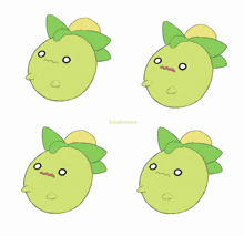 a set of four drawings of a green apple with a yellow leaf on it