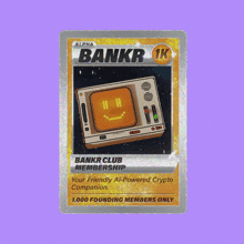 a purple bankr club playing card with a purple background