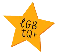a yellow star with the words lgb tq+ written on it