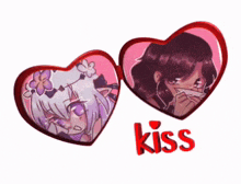 a picture of two hearts with the word kiss on the bottom