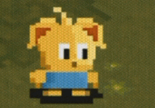 a pixel art drawing of a dog wearing a blue dress