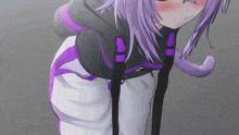 a purple haired anime girl with a cat tail on her back