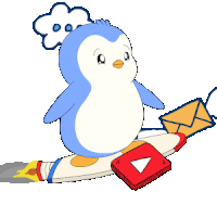 a penguin is flying on a rocket with an envelope in its hand