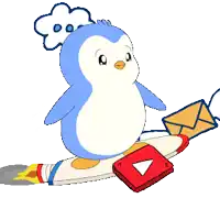 a penguin is flying on a rocket with an envelope in its hand