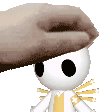 a person is petting a stuffed animal with a brown hat on its head .